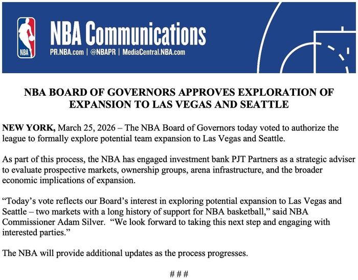 NBA批准探索向拉斯维加斯和西雅图扩军